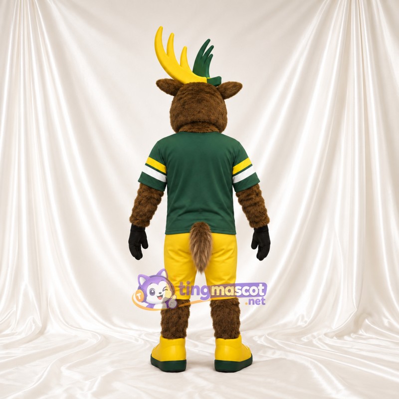 Brown Moose Mascot Costume - Green Jersey and Yellow Shorts Brown Moose Mascot Costume - Green Jersey and Yellow Shorts
