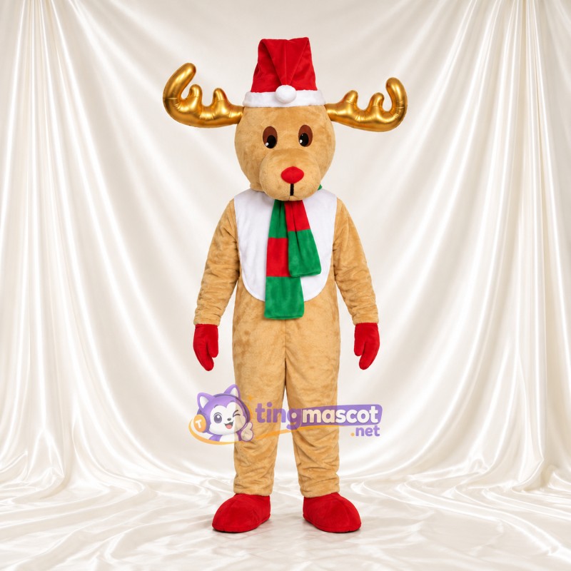 Costume de mascotte Renne – brun clair – Bonnet de Noël; Écharpe (vert / rouge)