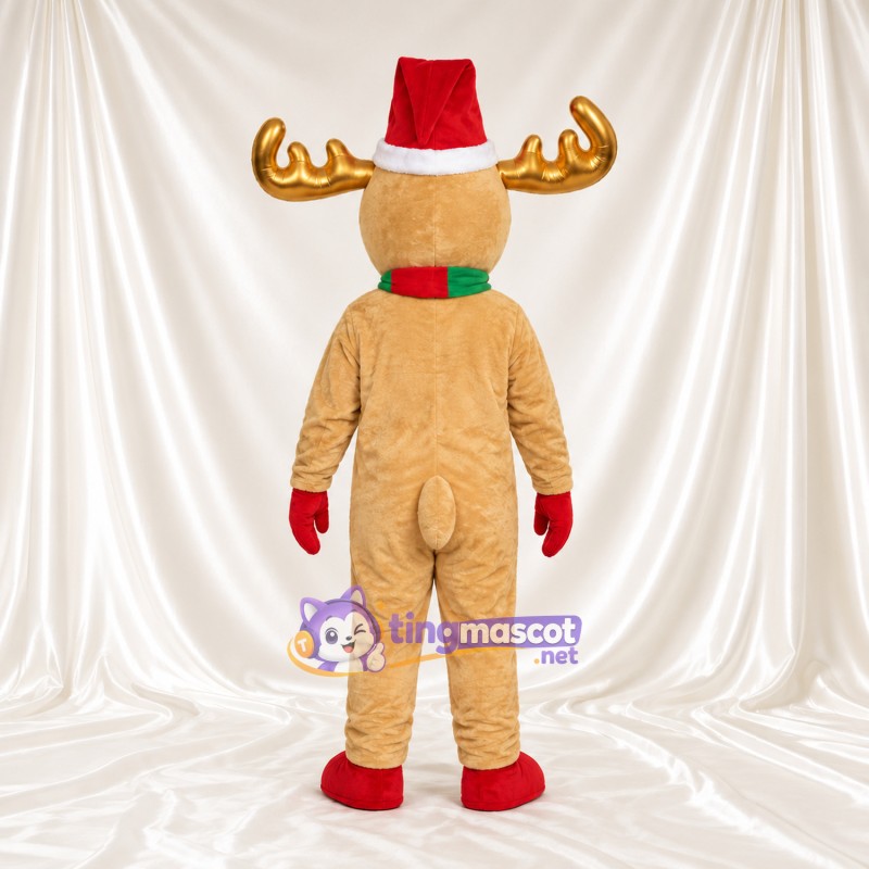Costume de mascotte Renne – brun clair – Bonnet de Noël; Écharpe (vert / rouge) Costume de mascotte Renne – brun clair – Bonnet de Noël; Écharpe (vert / rouge)