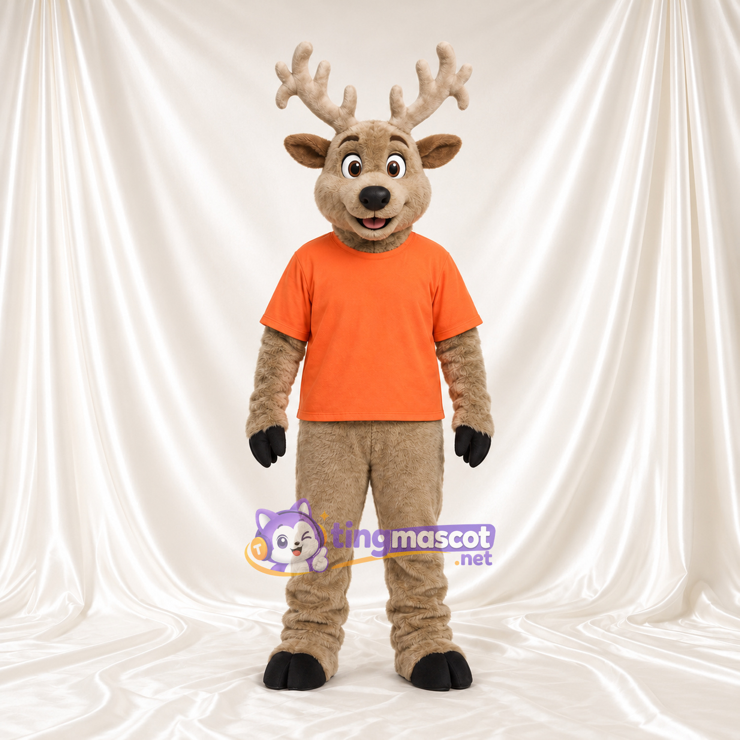 Maskottchenkostüm Hirsch – hellbraun – T-Shirt (orange); Geweih (creme) Maskottchenkostüm Hirsch – hellbraun – T-Shirt (orange); Geweih (creme)