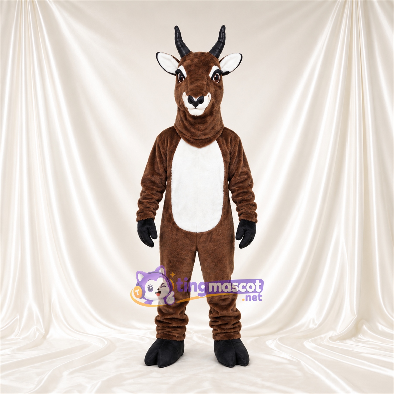 Costume de mascotte Antilope – marron – Ventre (blanc); Cornes (noir) Costume de mascotte Antilope – marron – Ventre (blanc); Cornes (noir)