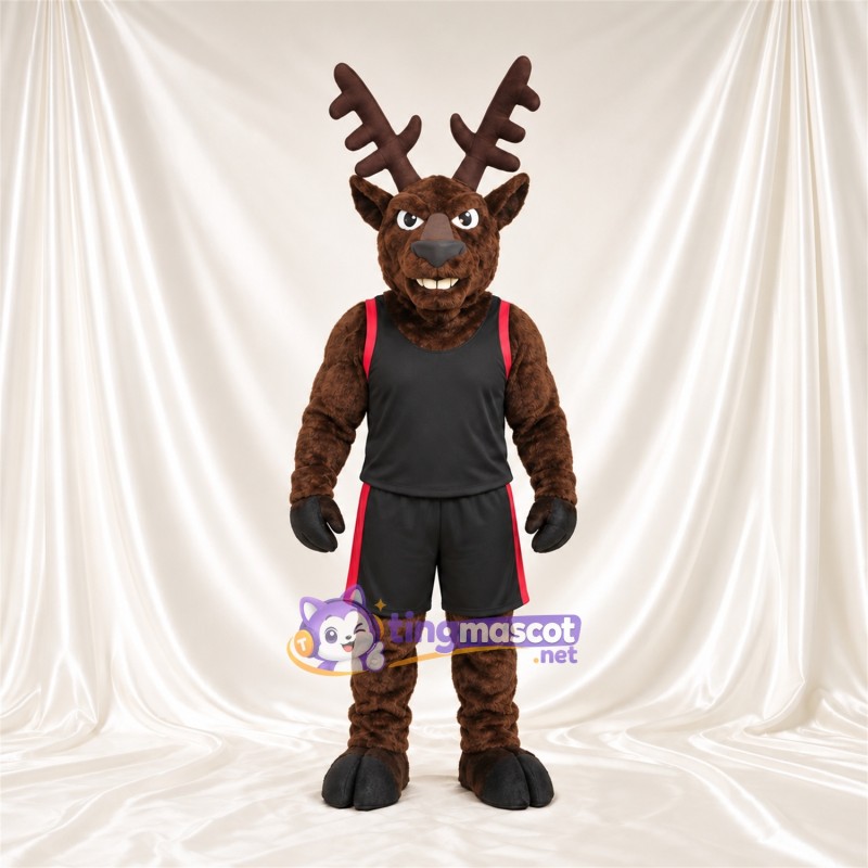 Brown Reindeer Mascot Costume - Black Red Sports Outfit Brown Reindeer Mascot Costume - Black Red Sports Outfit