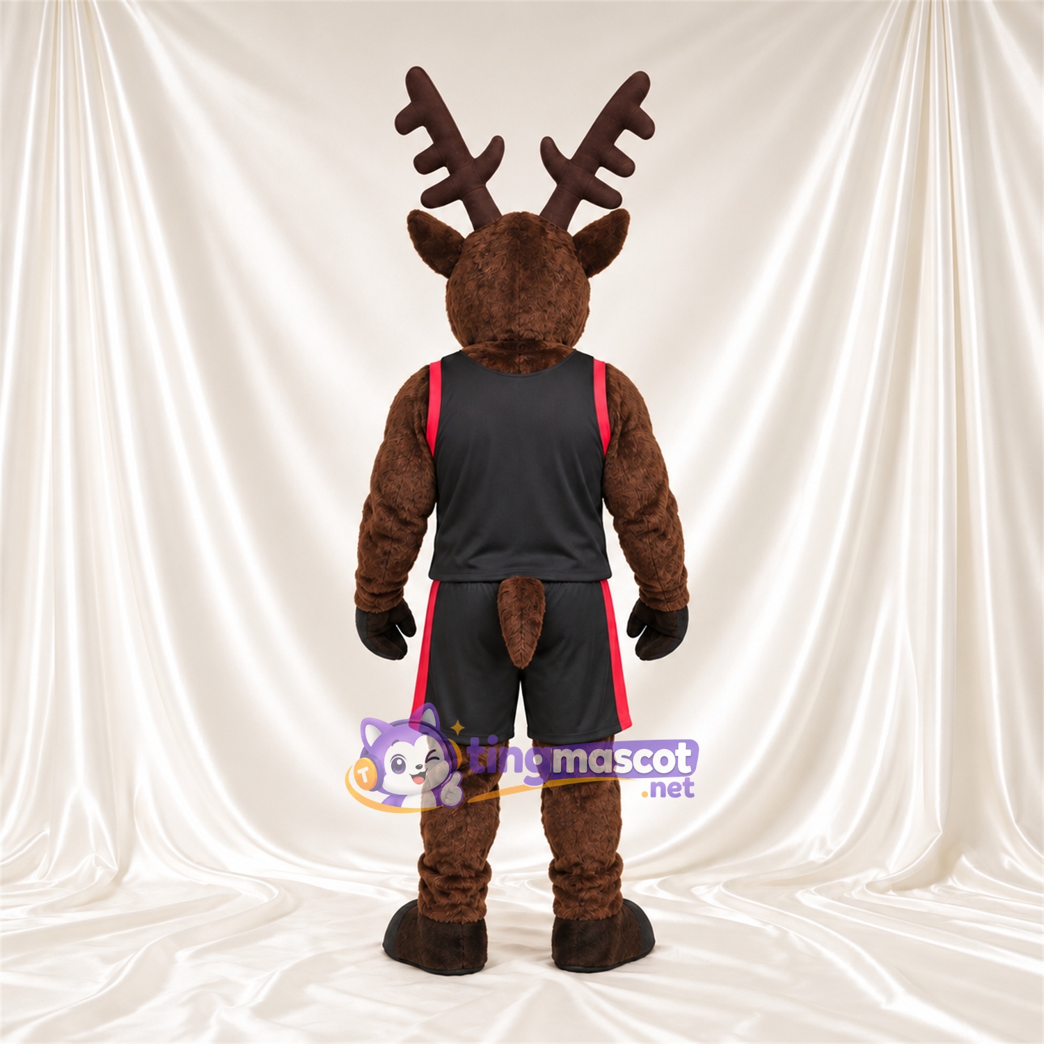 Brown Reindeer Mascot Costume - Black Red Sports Outfit Brown Reindeer Mascot Costume - Black Red Sports Outfit