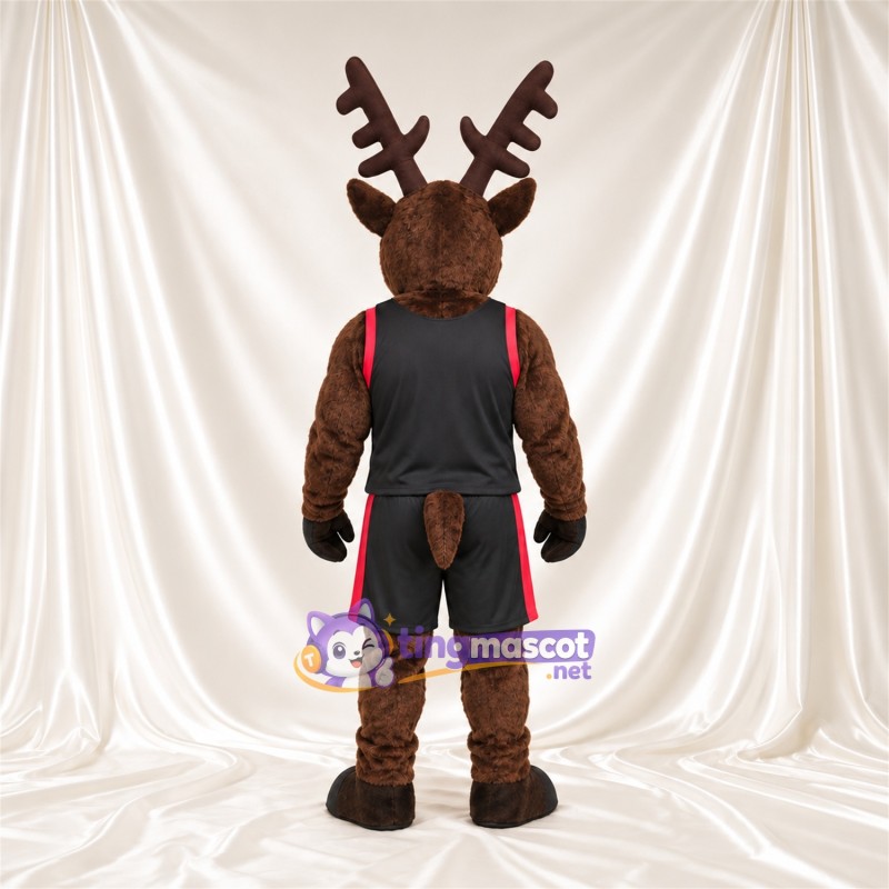 Brown Reindeer Mascot Costume - Black Red Sports Outfit Brown Reindeer Mascot Costume - Black Red Sports Outfit