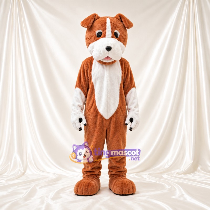 Costume de mascotte Chien – marron / blanc – Coussinets (noir); Museau allongé Costume de mascotte Chien – marron / blanc – Coussinets (noir); Museau allongé