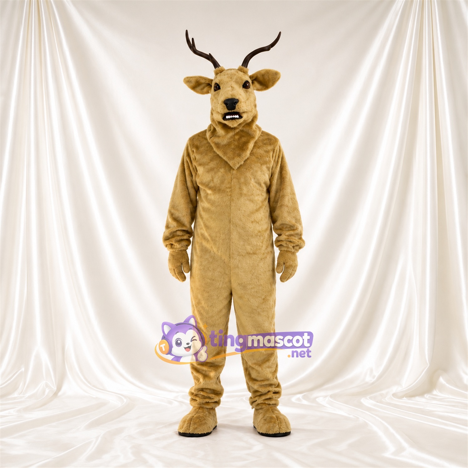 Costume de mascotte Cerf – brun clair – Bois (noir); Long cou Costume de mascotte Cerf – brun clair – Bois (noir); Long cou