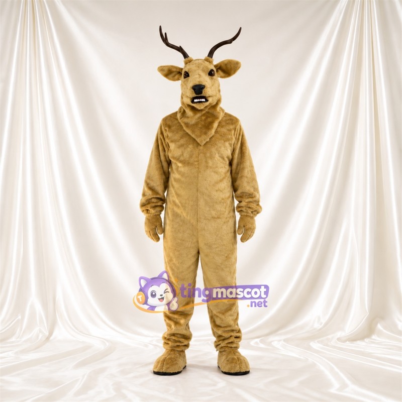 Costume de mascotte Cerf – brun clair – Bois (noir); Long cou Costume de mascotte Cerf – brun clair – Bois (noir); Long cou