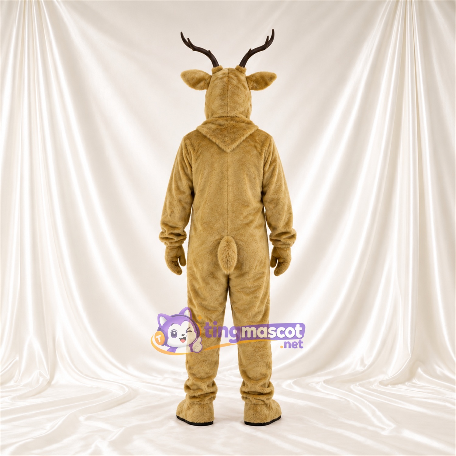 Costume de mascotte Cerf – brun clair – Bois (noir); Long cou Costume de mascotte Cerf – brun clair – Bois (noir); Long cou