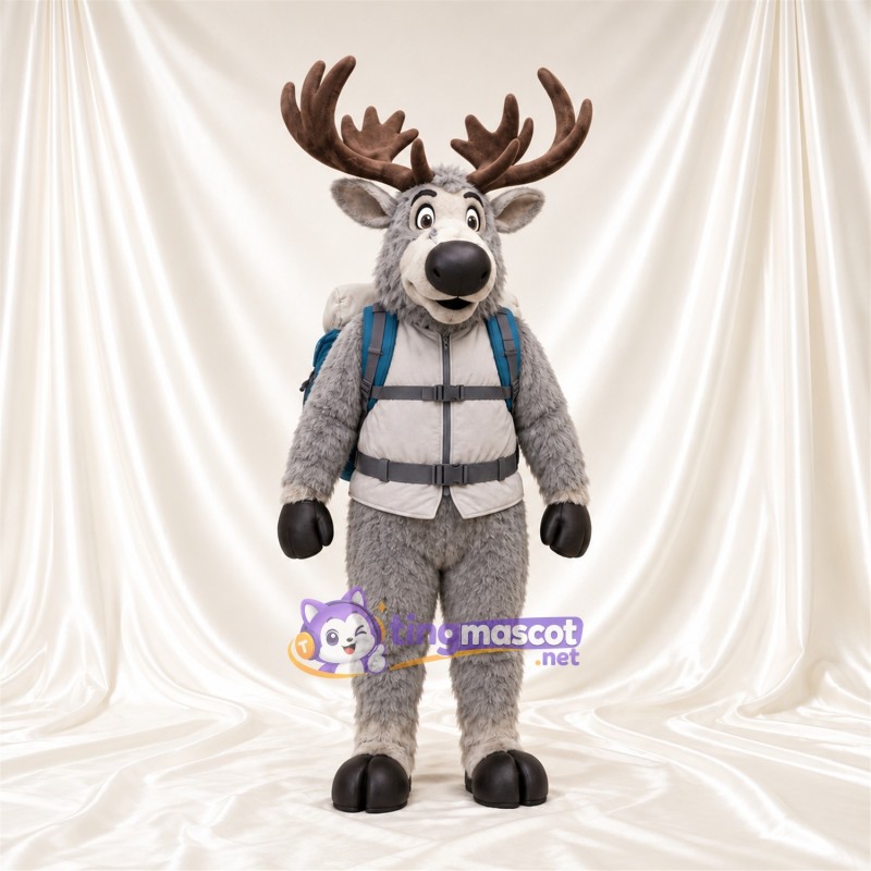 Costume de mascotte Élan – gris – Gilet (blanc); Sac à dos (bleu) Costume de mascotte Élan – gris – Gilet (blanc); Sac à dos (bleu)