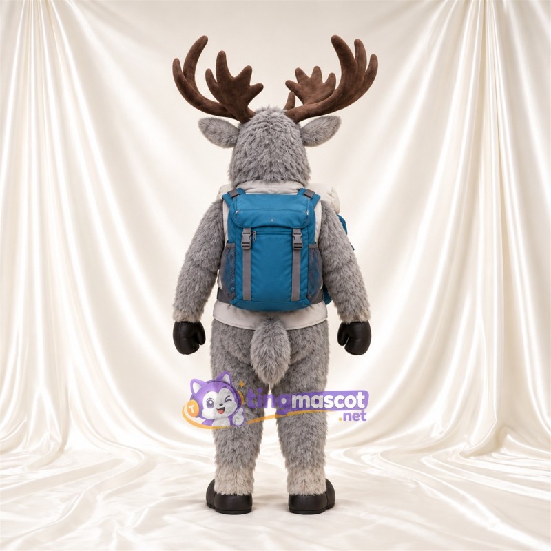 Costume de mascotte Élan – gris – Gilet (blanc); Sac à dos (bleu) Costume de mascotte Élan – gris – Gilet (blanc); Sac à dos (bleu)