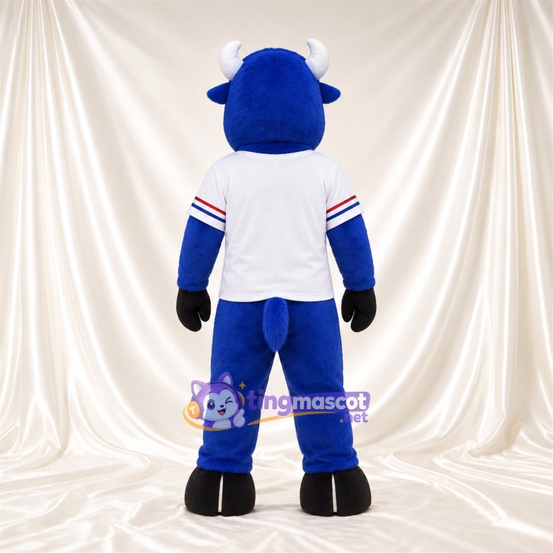 Maskottchenkostüm Bison – blau – Hörner (weiß); Trikot (weiß) Maskottchenkostüm Bison – blau – Hörner (weiß); Trikot (weiß)
