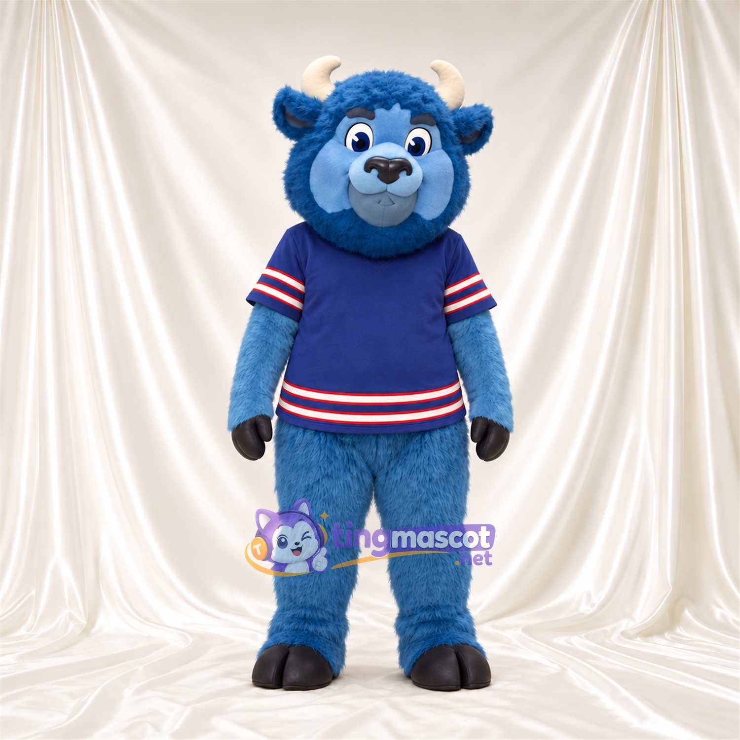 Costume de mascotte Bison – bleu – Cornes (blanc); Maillot (bleu) Costume de mascotte Bison – bleu – Cornes (blanc); Maillot (bleu)