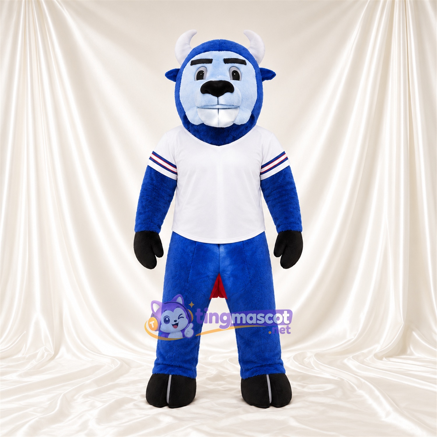 Costume de mascotte Bison – bleu – Cornes (blanc); Maillot (blanc) Costume de mascotte Bison – bleu – Cornes (blanc); Maillot (blanc)