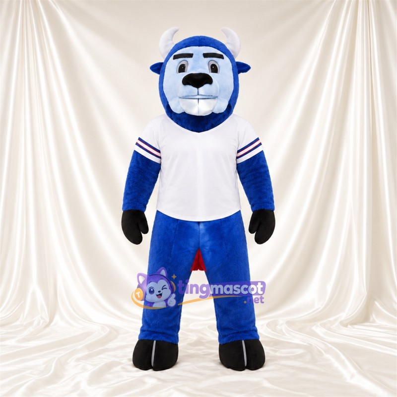 Costume de mascotte Bison – bleu – Cornes (blanc); Maillot (blanc) Costume de mascotte Bison – bleu – Cornes (blanc); Maillot (blanc)