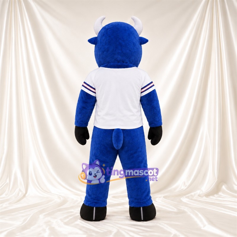 Costume de mascotte Bison – bleu – Cornes (blanc); Maillot (blanc) Costume de mascotte Bison – bleu – Cornes (blanc); Maillot (blanc)