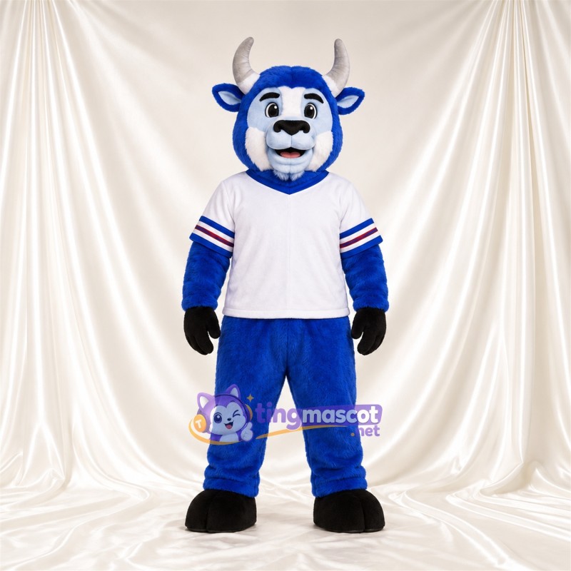 Maskottchenkostüm Bison – blau – Hörner (grau); Trikot (weiß) Maskottchenkostüm Bison – blau – Hörner (grau); Trikot (weiß)