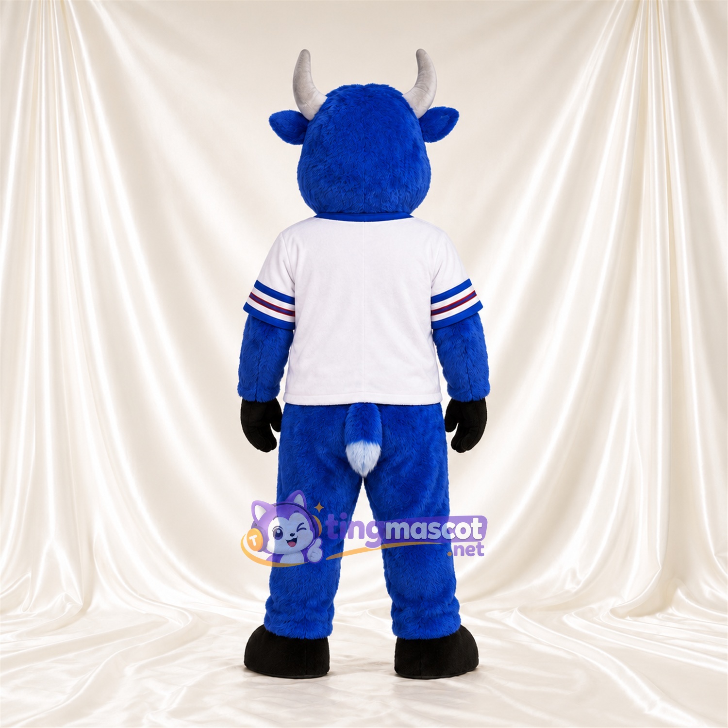 Maskottchenkostüm Bison – blau – Hörner (grau); Trikot (weiß) Maskottchenkostüm Bison – blau – Hörner (grau); Trikot (weiß)