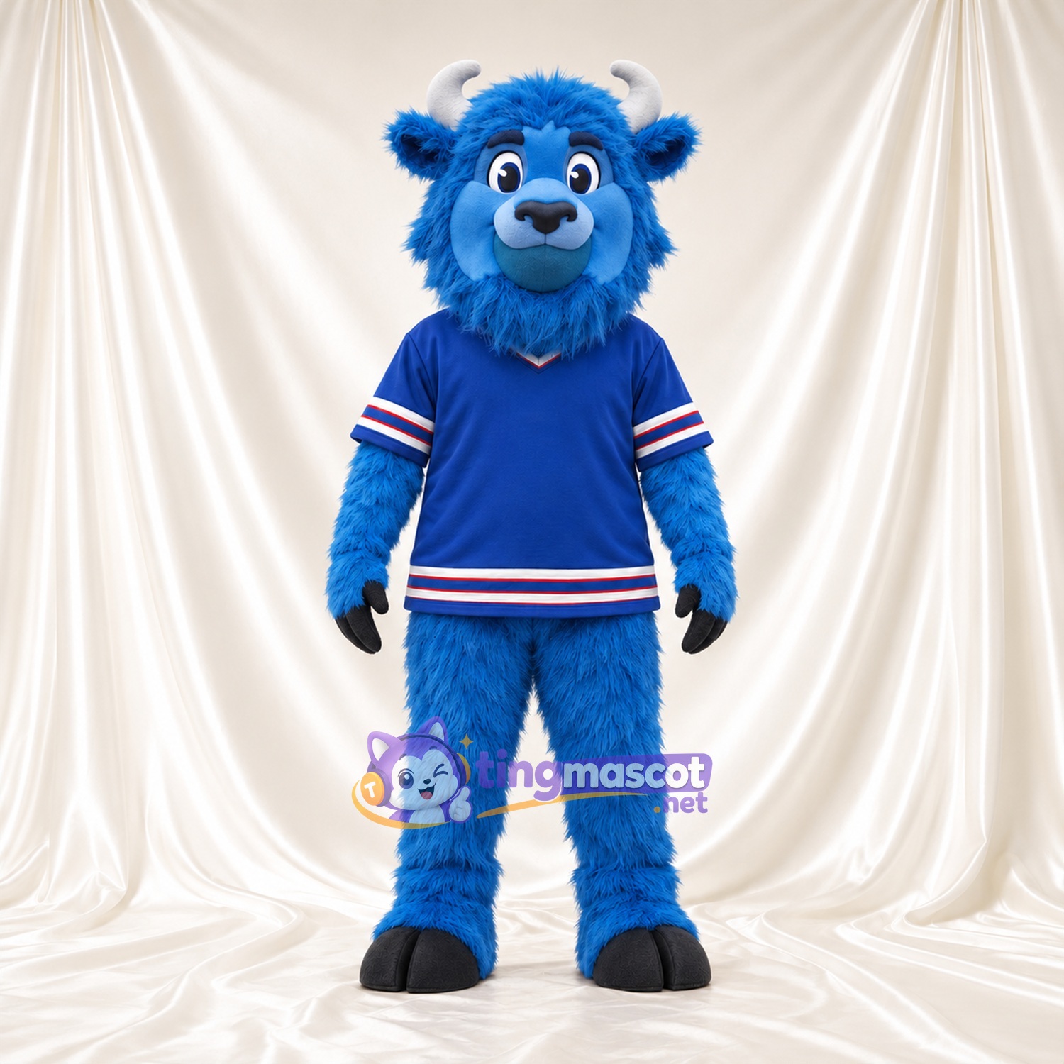 Blue Bison Mascot Costume - Blue Jersey with Striped Trim and Shaggy Fur Blue Bison Mascot Costume - Blue Jersey with Striped Trim and Shaggy Fur