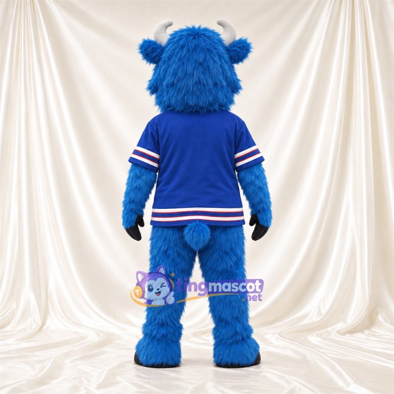 Blue Bison Mascot Costume - Blue Jersey with Striped Trim and Shaggy Fur Blue Bison Mascot Costume - Blue Jersey with Striped Trim and Shaggy Fur