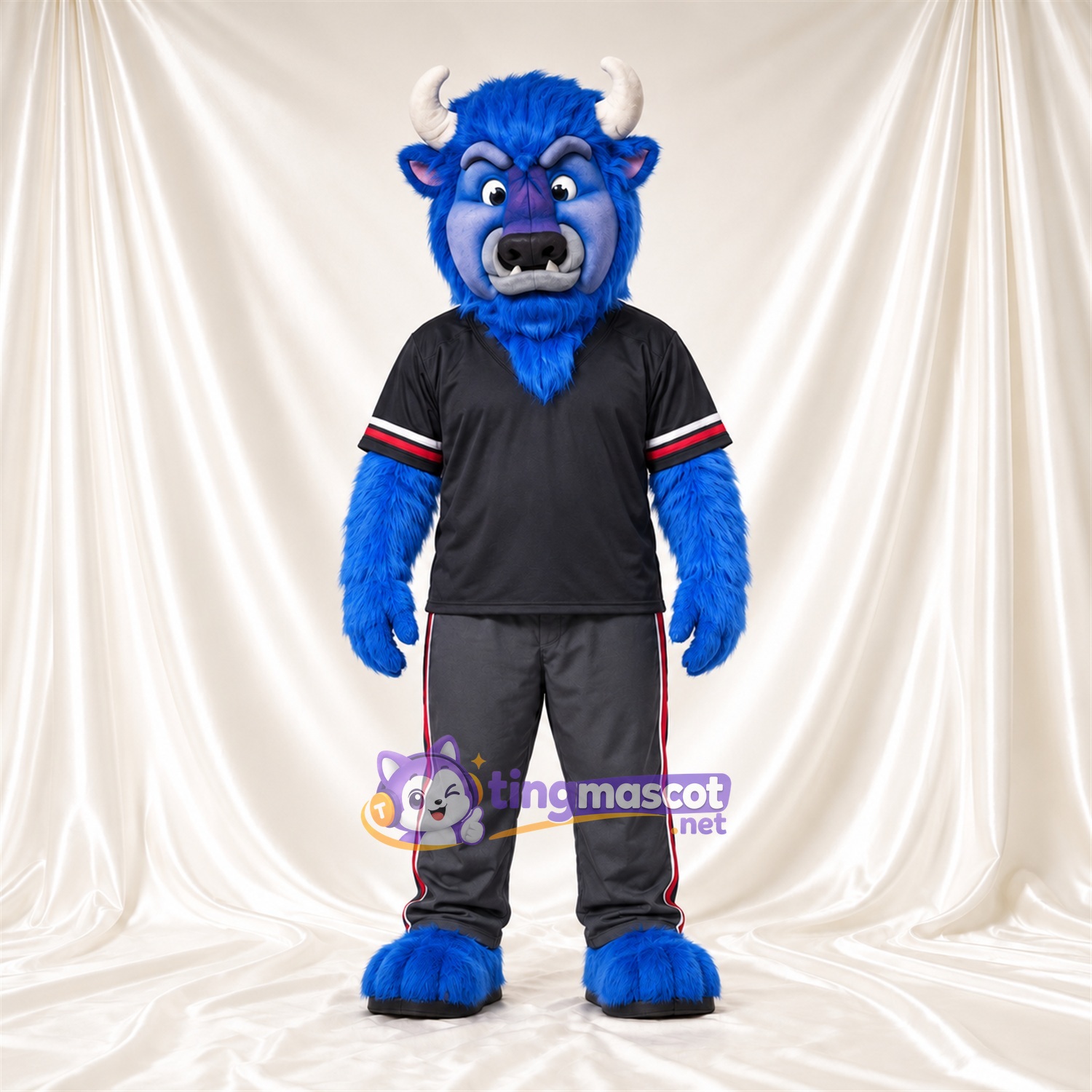 Costume de mascotte Buffle – bleu – Cornes (blanc); Maillot (noir) Costume de mascotte Buffle – bleu – Cornes (blanc); Maillot (noir)