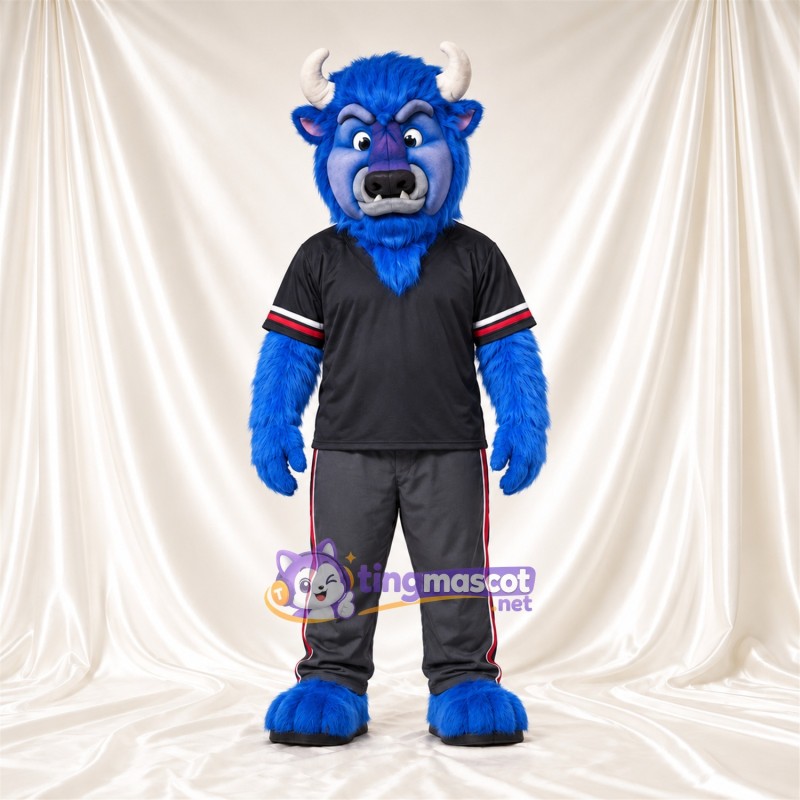 Costume de mascotte Buffle – bleu – Cornes (blanc); Maillot (noir) Costume de mascotte Buffle – bleu – Cornes (blanc); Maillot (noir)
