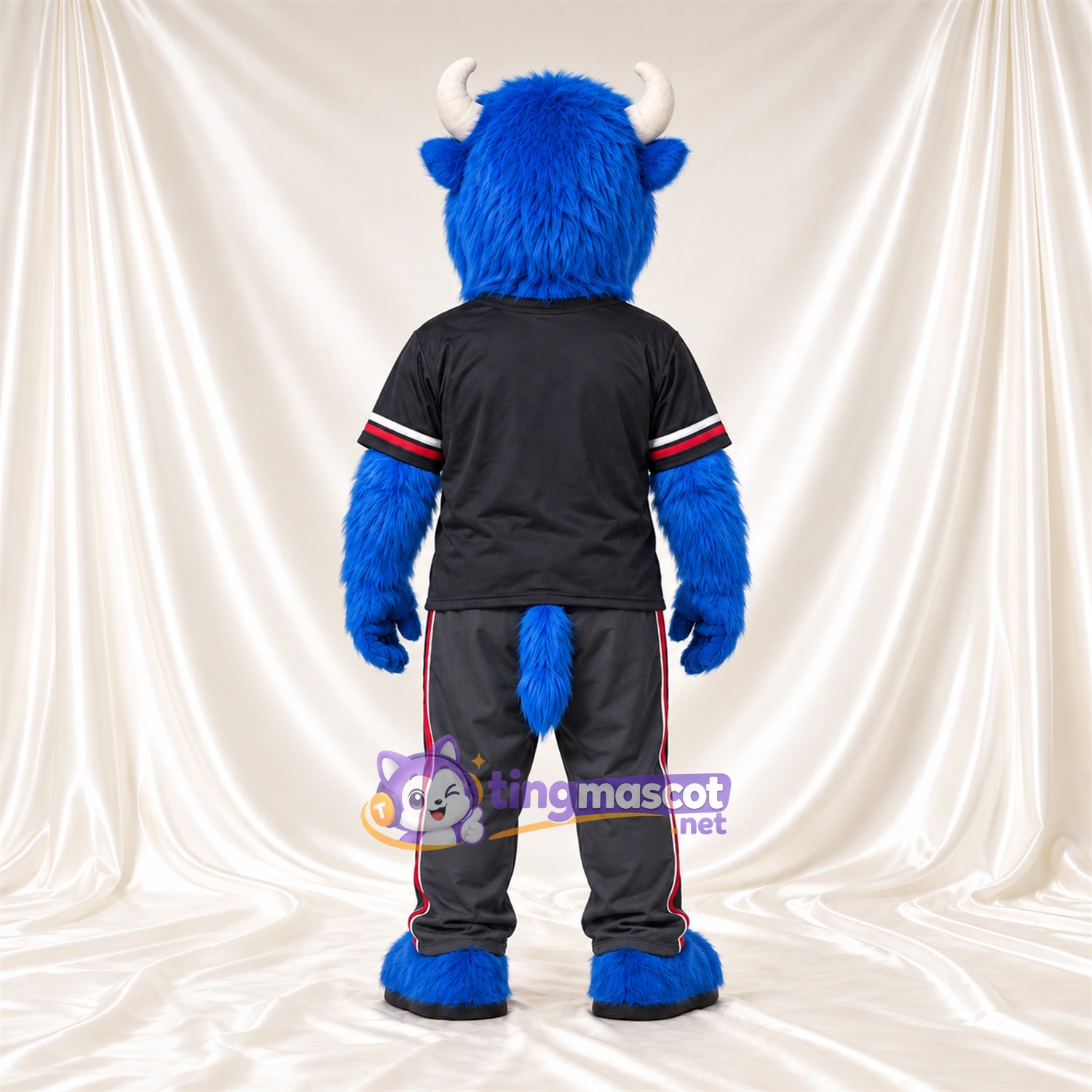 Costume de mascotte Buffle – bleu – Cornes (blanc); Maillot (noir) Costume de mascotte Buffle – bleu – Cornes (blanc); Maillot (noir)