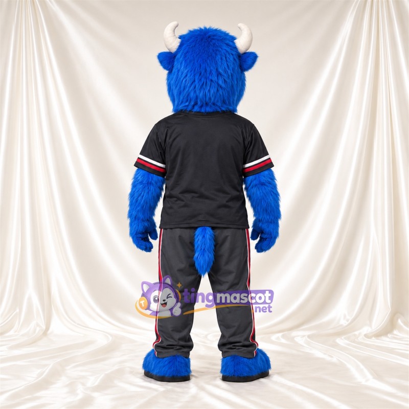 Costume de mascotte Buffle – bleu – Cornes (blanc); Maillot (noir) Costume de mascotte Buffle – bleu – Cornes (blanc); Maillot (noir)