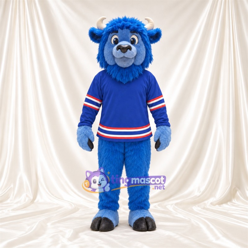 Costume de mascotte Bison – bleu – Cornes (blanc); Maillot (bleu) Costume de mascotte Bison – bleu – Cornes (blanc); Maillot (bleu)