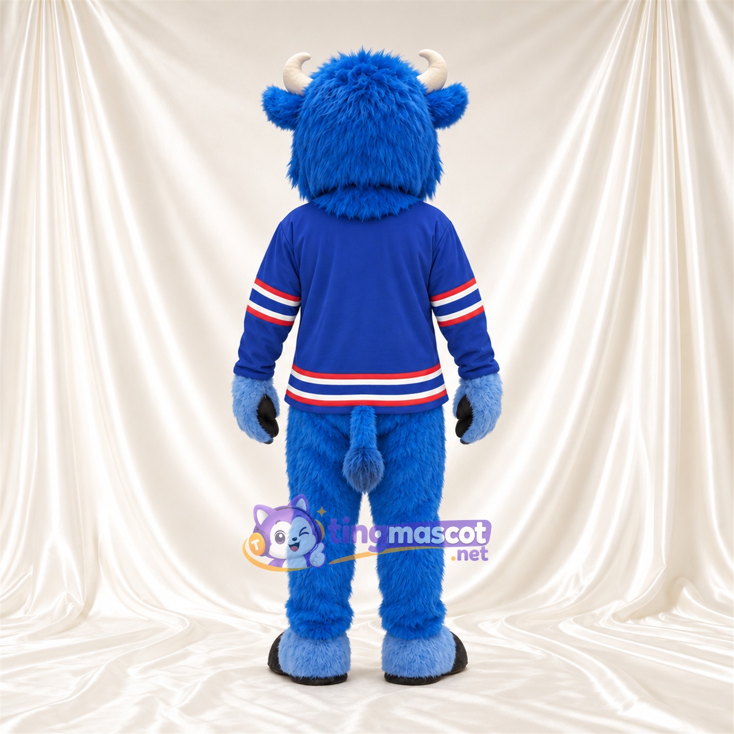 Maskottchenkostüm Bison – blau – Hörner (weiß); Trikot (blau) Maskottchenkostüm Bison – blau – Hörner (weiß); Trikot (blau)