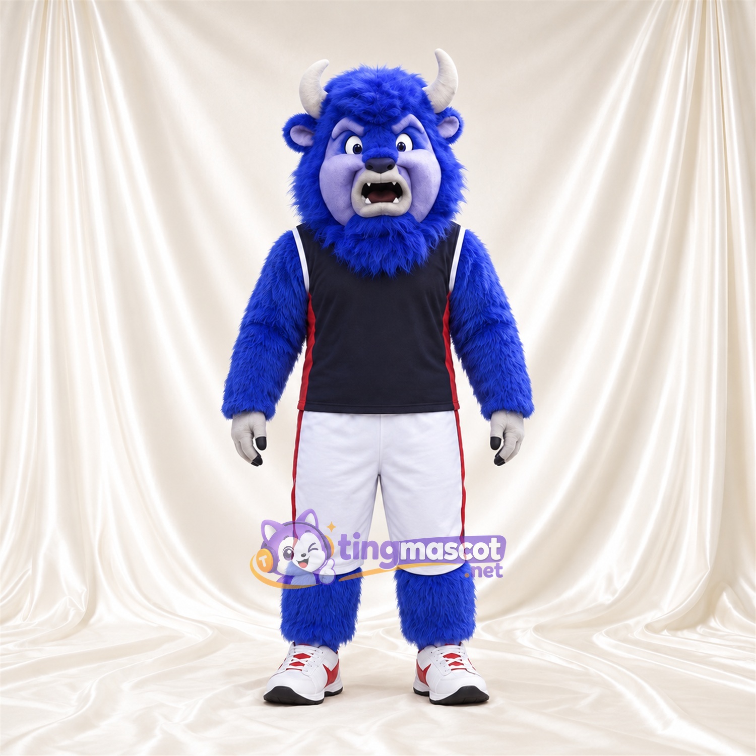 Costume de mascotte Buffle – bleu – Chemise (bleu marine); Short (blanc) Costume de mascotte Buffle – bleu – Chemise (bleu marine); Short (blanc)