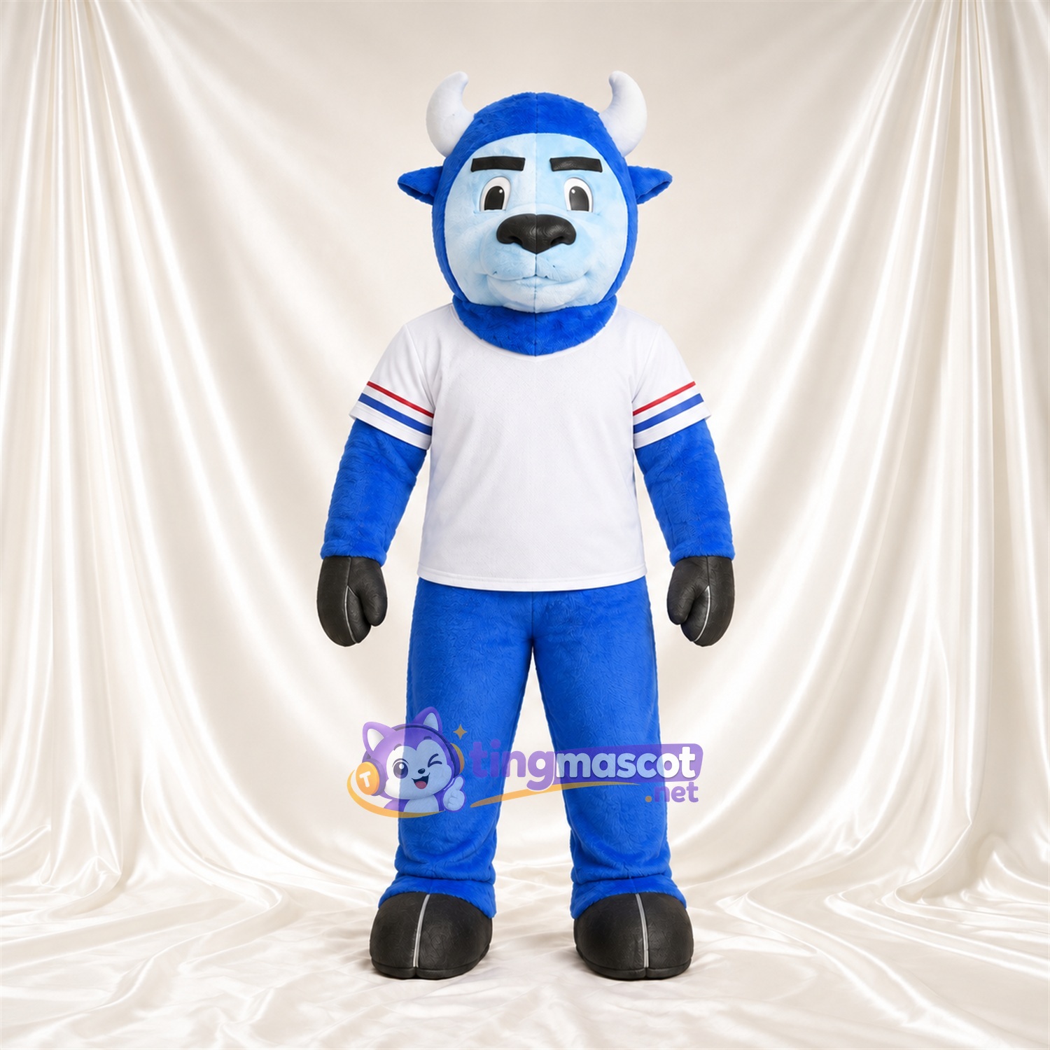 Blue Bison Mascot Costume - Black Hooves and White Jersey with Striped Sleeves Blue Bison Mascot Costume - Black Hooves and White Jersey with Striped Sleeves