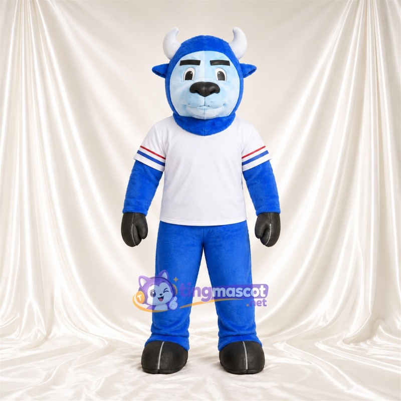 Blue Bison Mascot Costume - Black Hooves and White Jersey with Striped Sleeves Blue Bison Mascot Costume - Black Hooves and White Jersey with Striped Sleeves