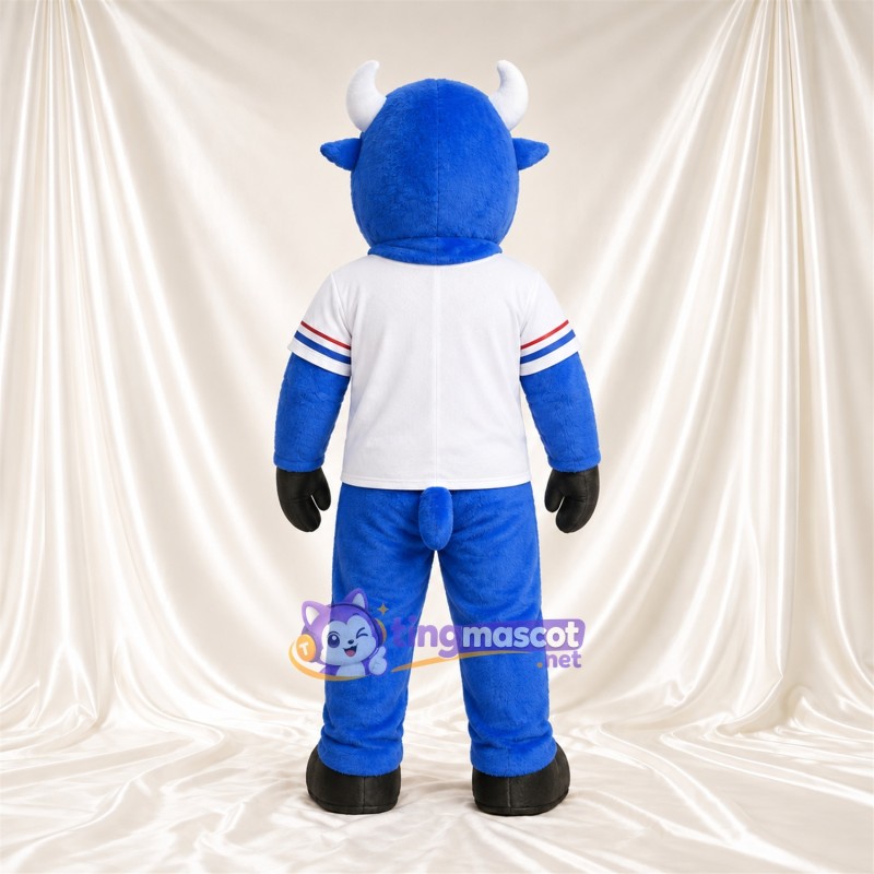 Blue Bison Mascot Costume - Black Hooves and White Jersey with Striped Sleeves Blue Bison Mascot Costume - Black Hooves and White Jersey with Striped Sleeves