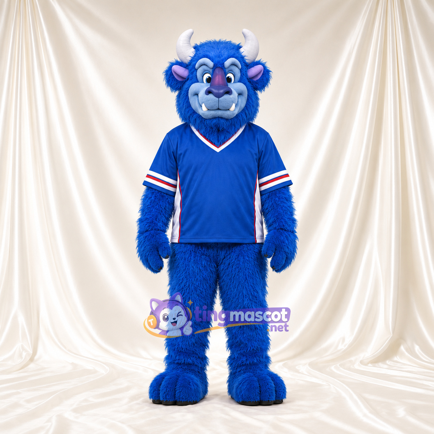 Costume de mascotte Bison – bleu – Intérieur des oreilles (rose); Maillot (bleu) Costume de mascotte Bison – bleu – Intérieur des oreilles (rose); Maillot (bleu)