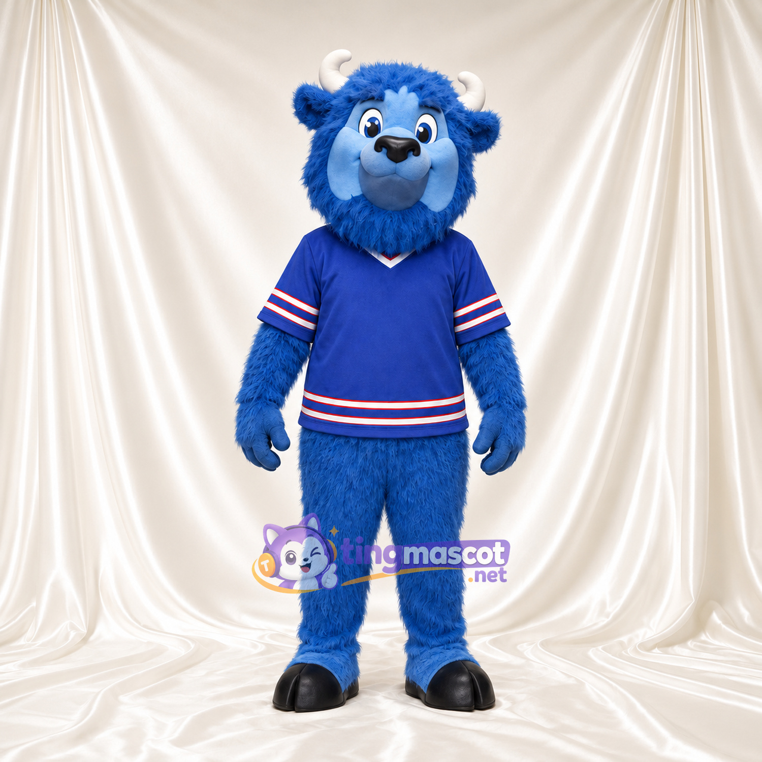 Blue Bison Mascot Costume - Black Hooves and Blue Jersey with Striped Trim Blue Bison Mascot Costume - Black Hooves and Blue Jersey with Striped Trim
