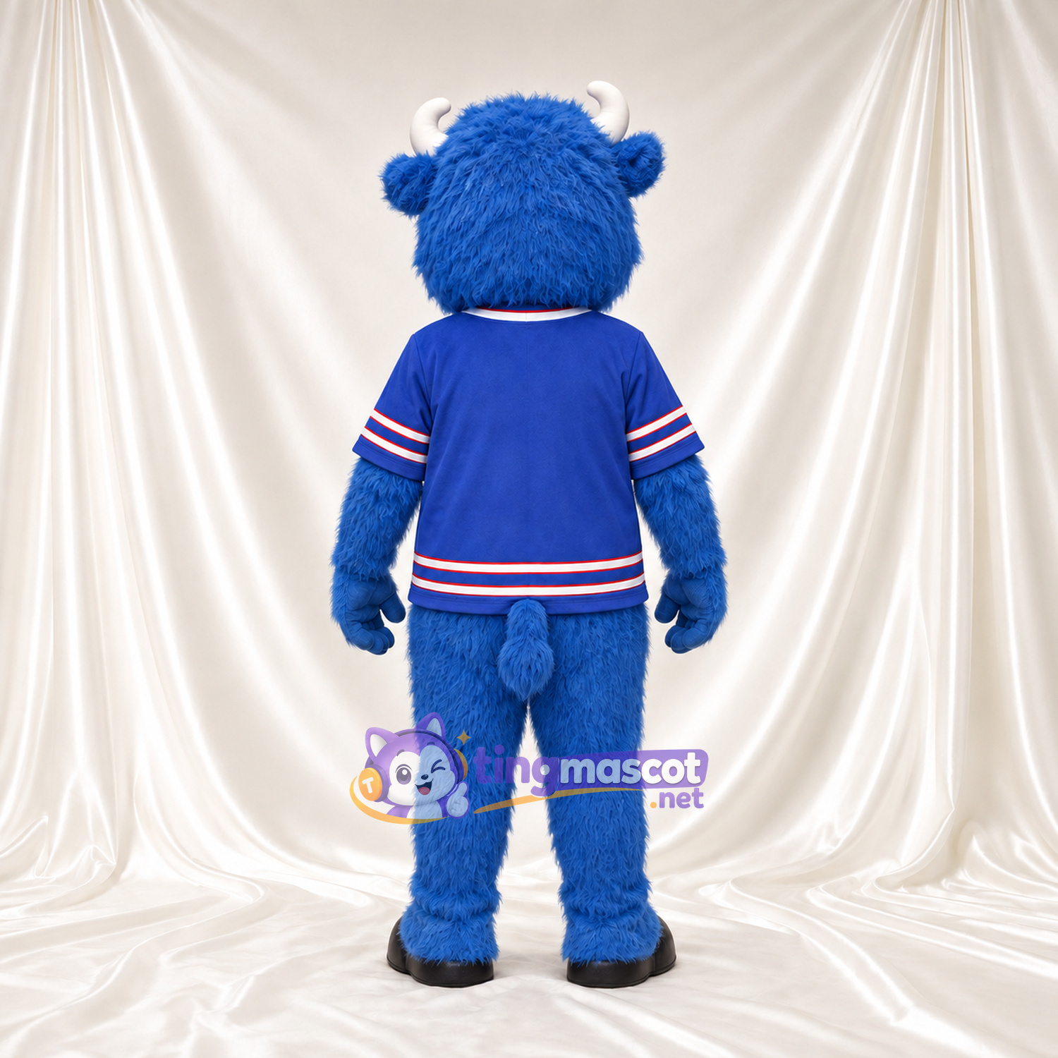 Blue Bison Mascot Costume - Black Hooves and Blue Jersey with Striped Trim Blue Bison Mascot Costume - Black Hooves and Blue Jersey with Striped Trim