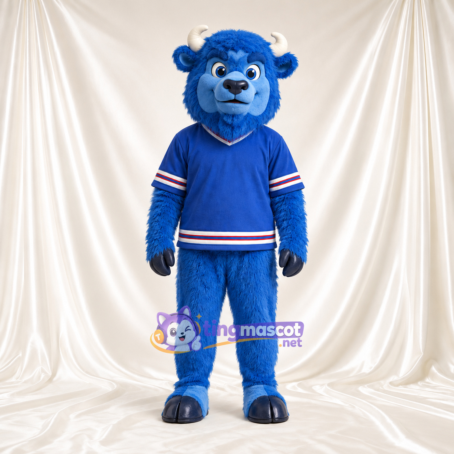 Blue Bison Mascot Costume - Black Hooves and Blue Jersey with Striped Trim Blue Bison Mascot Costume - Black Hooves and Blue Jersey with Striped Trim