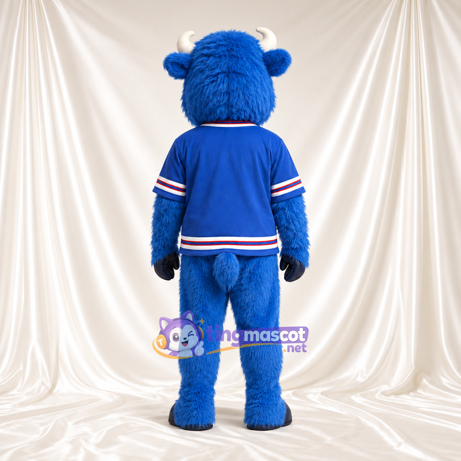 Blue Bison Mascot Costume - Black Hooves and Blue Jersey with Striped Trim Blue Bison Mascot Costume - Black Hooves and Blue Jersey with Striped Trim