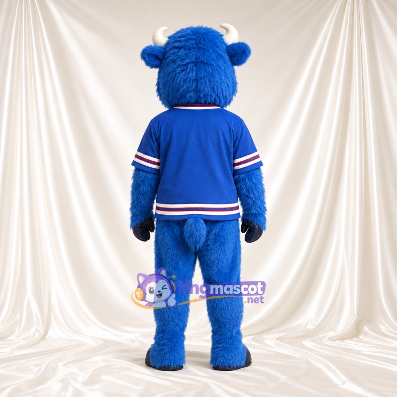 Blue Bison Mascot Costume - Black Hooves and Blue Jersey with Striped Trim Blue Bison Mascot Costume - Black Hooves and Blue Jersey with Striped Trim