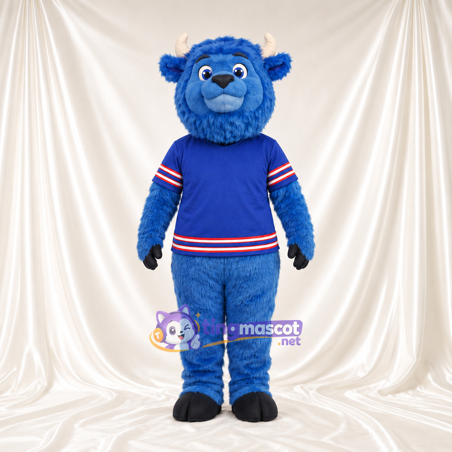 Maskottchenkostüm Bison – blau – Hörner (hellbraun); Trikot (blau) Maskottchenkostüm Bison – blau – Hörner (hellbraun); Trikot (blau)