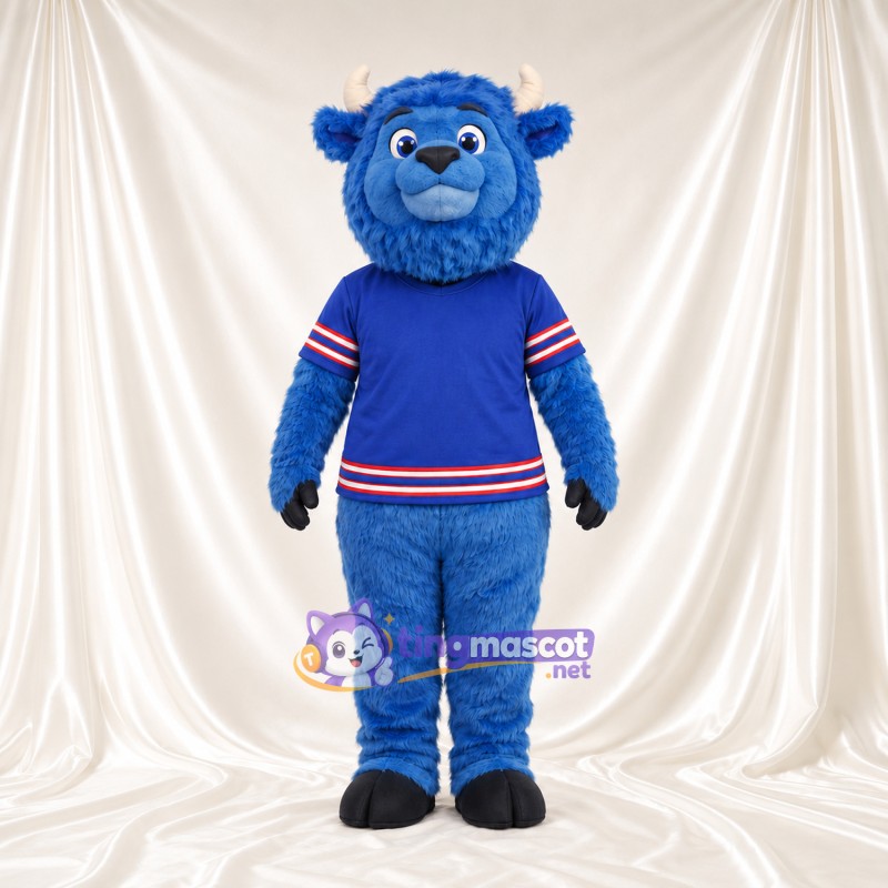 Maskottchenkostüm Bison – blau – Hörner (hellbraun); Trikot (blau) Maskottchenkostüm Bison – blau – Hörner (hellbraun); Trikot (blau)