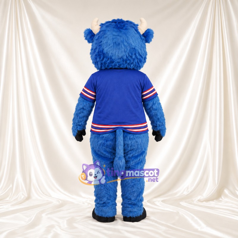 Maskottchenkostüm Bison – blau – Hörner (hellbraun); Trikot (blau) Maskottchenkostüm Bison – blau – Hörner (hellbraun); Trikot (blau)