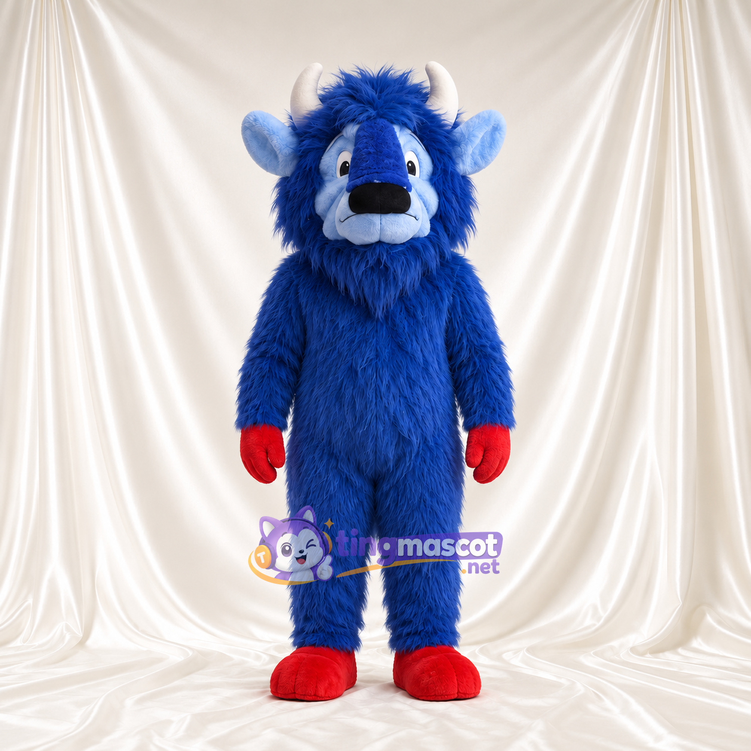 Maskottchenkostüm Bison – blau – Handschuhe (rot); Hufe (rot) Maskottchenkostüm Bison – blau – Handschuhe (rot); Hufe (rot)