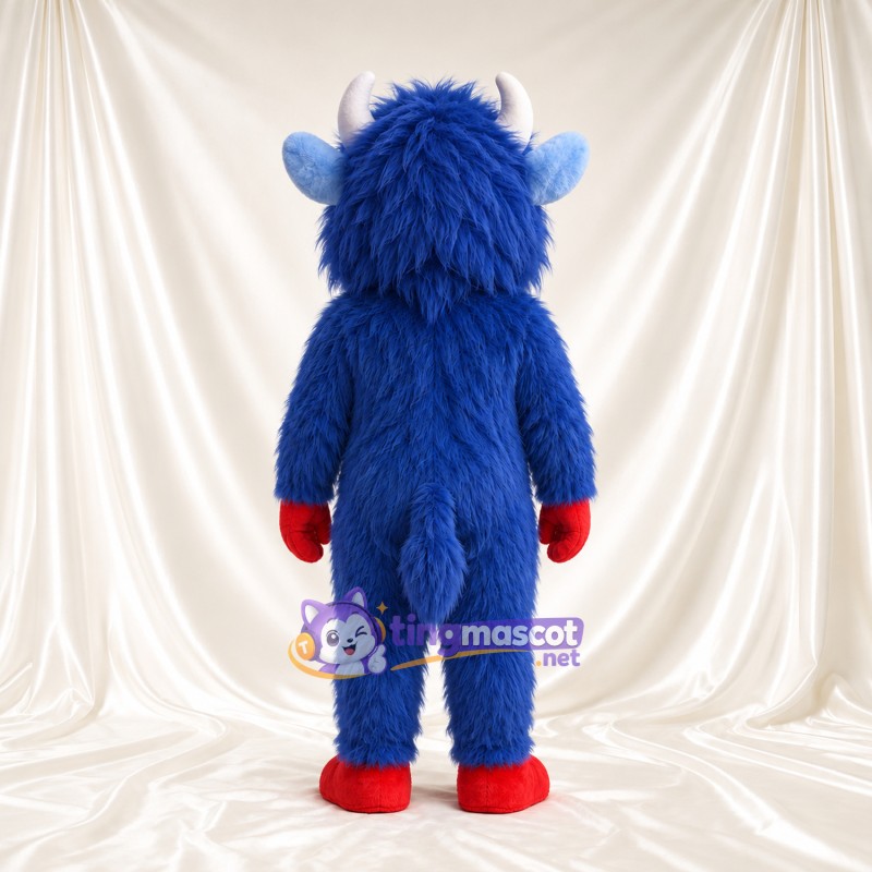 Maskottchenkostüm Bison – blau – Handschuhe (rot); Hufe (rot) Maskottchenkostüm Bison – blau – Handschuhe (rot); Hufe (rot)