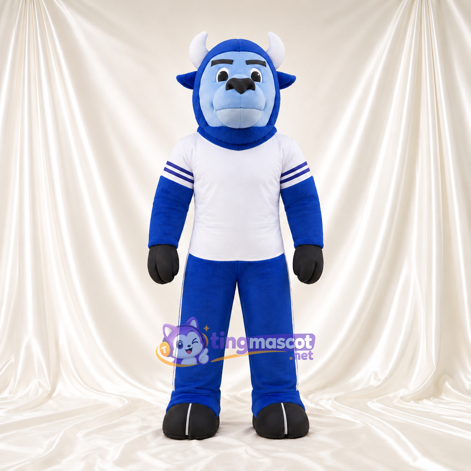 Blue Bison Mascot Costume - Black Hooves and White Jersey with Striped Sleeves Blue Bison Mascot Costume - Black Hooves and White Jersey with Striped Sleeves