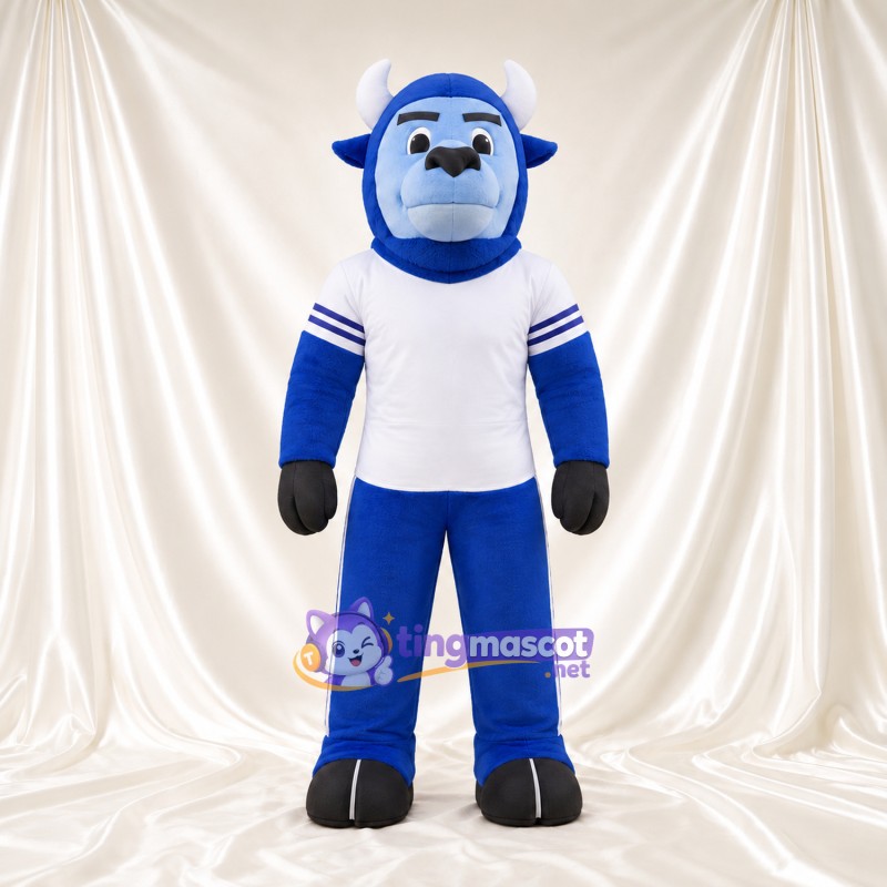 Blue Bison Mascot Costume - Black Hooves and White Jersey with Striped Sleeves Blue Bison Mascot Costume - Black Hooves and White Jersey with Striped Sleeves