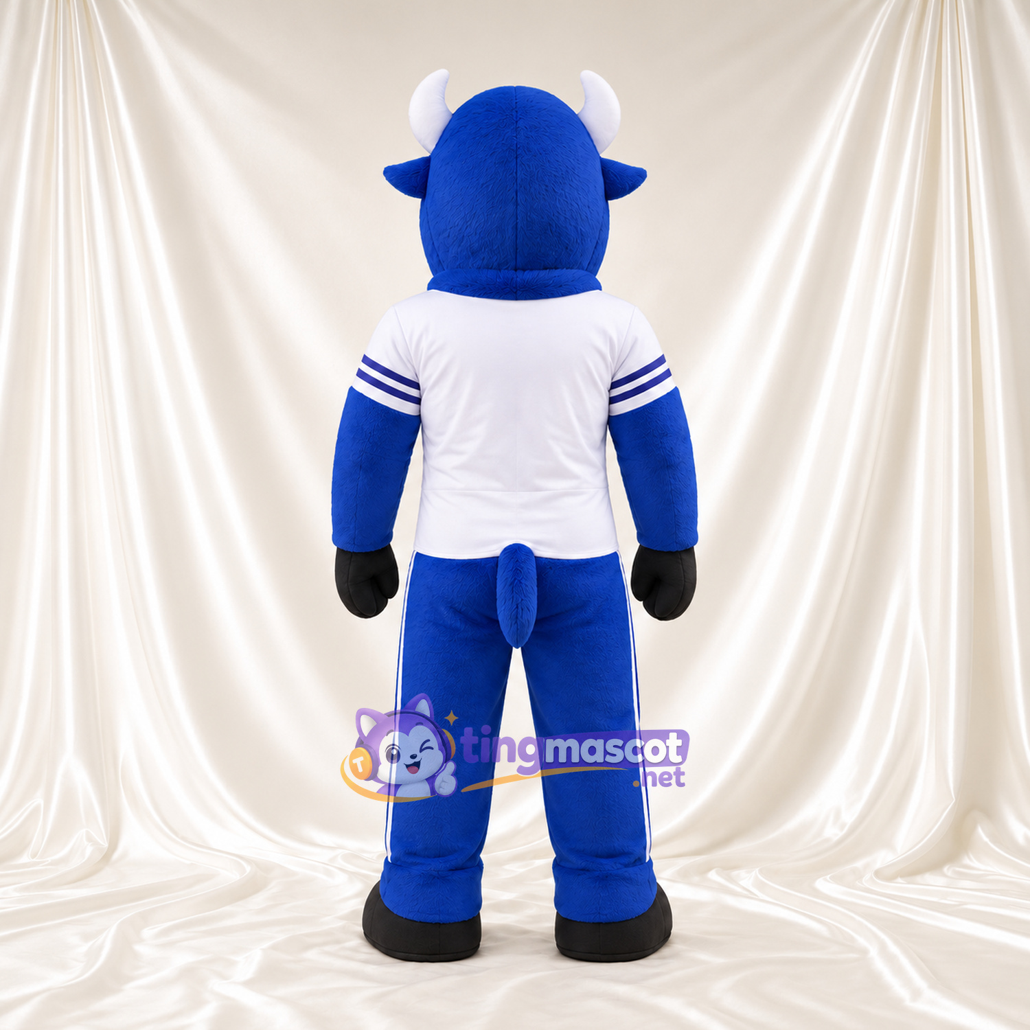 Blue Bison Mascot Costume - Black Hooves and White Jersey with Striped Sleeves Blue Bison Mascot Costume - Black Hooves and White Jersey with Striped Sleeves