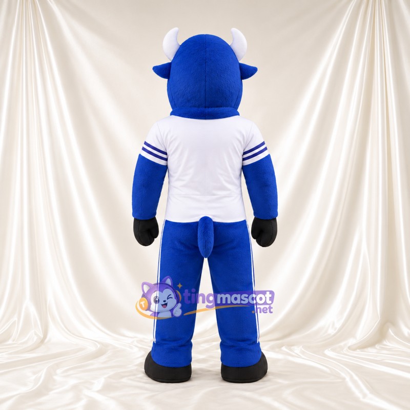 Blue Bison Mascot Costume - Black Hooves and White Jersey with Striped Sleeves Blue Bison Mascot Costume - Black Hooves and White Jersey with Striped Sleeves