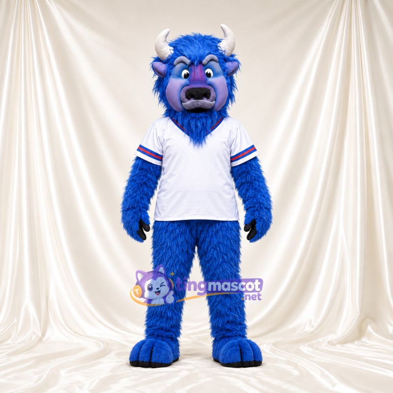 Costume de mascotte Buffle – bleu – Cornes (blanc); Maillot (blanc) Costume de mascotte Buffle – bleu – Cornes (blanc); Maillot (blanc)