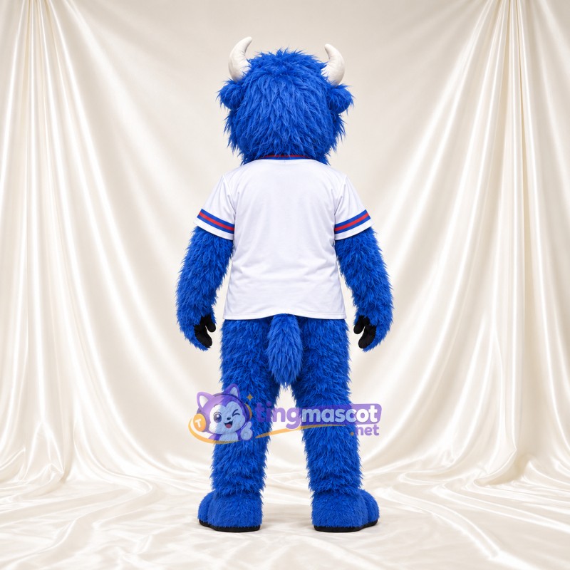 Costume de mascotte Buffle – bleu – Cornes (blanc); Maillot (blanc) Costume de mascotte Buffle – bleu – Cornes (blanc); Maillot (blanc)